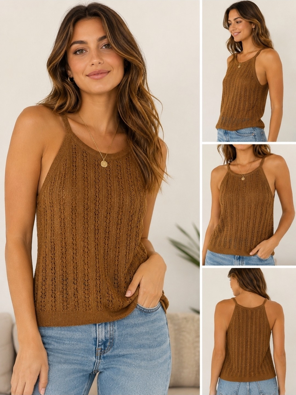 Pointelle Knit Sweater Tank Top Brown Size Small